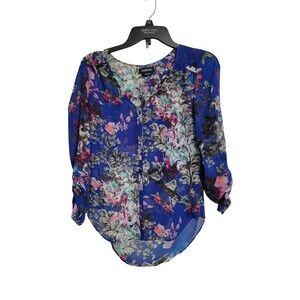Bebe Princess Black Floral Print Sheer Button 3/4 Sleeve Top Sz XS Women Blouse